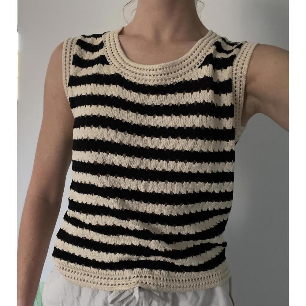 Black and Cream Striped Knit, Crochet Tank Top